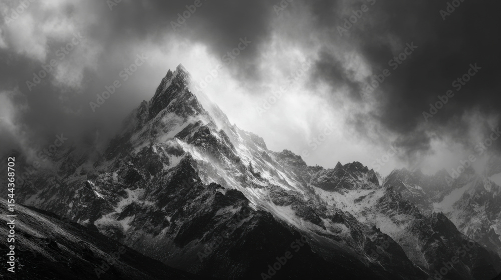 Obraz premium Majestic Mountain Peak Emerging From Clouds: A Breathtaking Landscape.