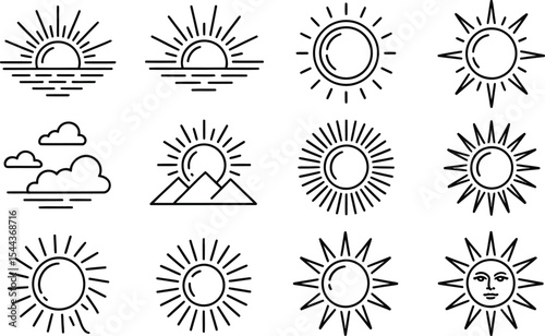 Collection of elegant sun icons representing sunrise, sunset, weather, and celestial day designs in minimalist style