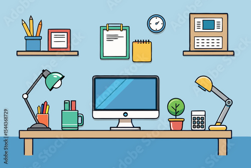 Workspace design featuring computer, desk accessories, and plants in a modern, organized environment