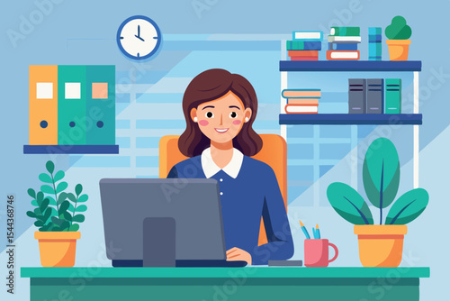 Professional woman working at desk in modern office setup with plants and bookshelves