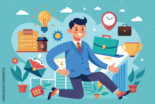 Businessman happily presenting office elements with creativity and enthusiasm at a workplace