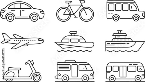 Collection of simple linear vector icons representing different modes of transportation in a minimalist design