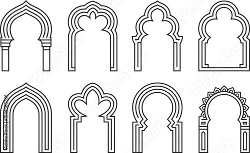 Collection of elegant vector illustrations of islamic architecture archways in minimalist black and white designs