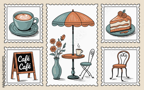 Artistic cafe illustrations featuring a cup of coffee cake table umbrella chair and flowers with stamp design
