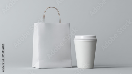 Mockup of white paper bag and coffee cup.