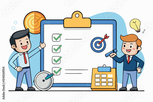 Professionals collaborating on project management with goals and deadlines using checklist and calendar