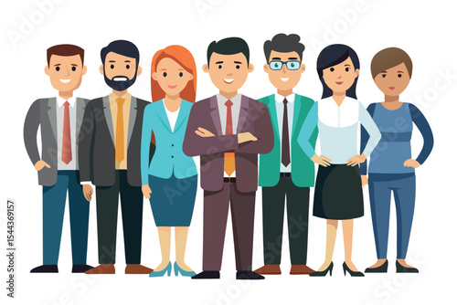 Group of diverse professionals posing confidently in business attire in a modern office environment