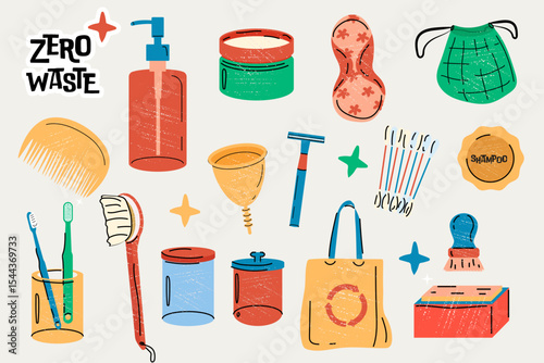 Zero Waste  Set – Eco-Friendly Lifestyle Icons.A colorful vector collection promoting a zero waste lifestyle. Includes reusable items, recycling symbols, eco quotes, and sustainable living ico