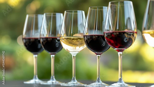 Wine tasting event sommelier luxury Glasses of red and white wine arranged elegantly on a table.	
