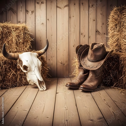 background wallpaper poster image of a country and western scene featuring old distressed wood, cow bull skull, hay, cowboy boots, cowboy hat, wild west, vintage western, horse gear, western lifestyle