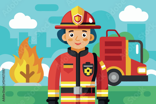 Firefighter stands proudly in front of a vibrant background showcasing flames and a fire truck during a training session