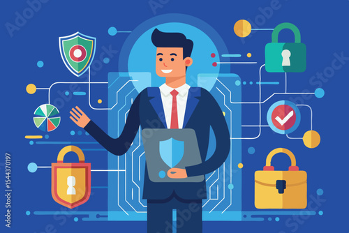 Professional man explaining cybersecurity measures and tools in a digital environment with various icons