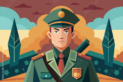 Military officer stands proud against a vibrant sunset backdrop with clouds and trees in the distance
