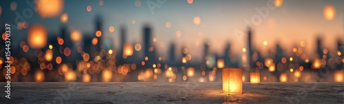 Lanterns illuminating empty concrete surface with blurred city lights in background. Wintertime concept