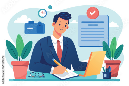 Business professional working diligently at desk while managing tasks and completing important documents