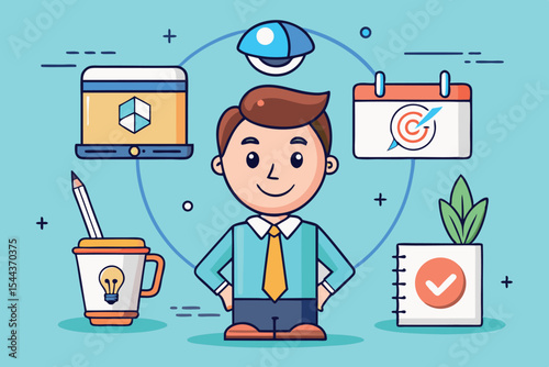 Person in business attire surrounded by digital tools and icons, emphasizing workplace culture and productivity
