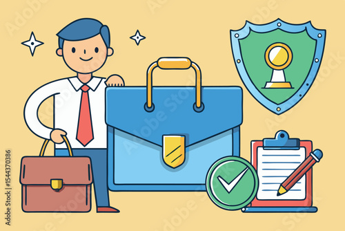 Professional character with briefcase and security symbols representing business success and integrity