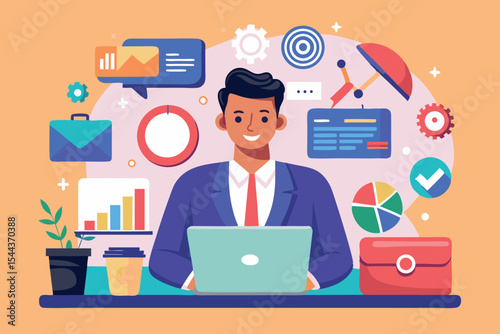 Professional man working on a laptop surrounded by business icons in a vibrant office setting
