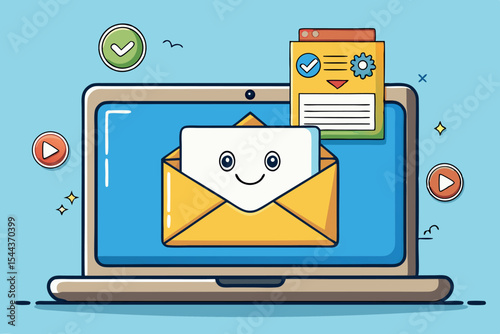 Colorful digital mail graphic with cheerful elements on laptop screen showcasing email communication