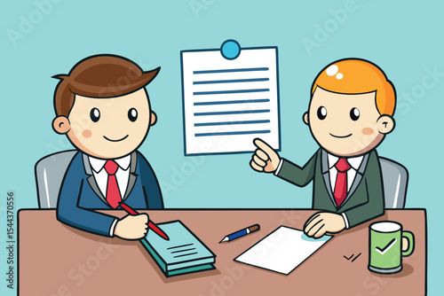Business meeting between two professionals discussing a project in an office setting during the daytime