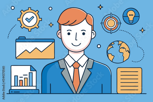 Professional man in suit with business elements highlighting teamwork and innovation skills