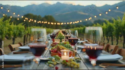 A wine tasting event features diverse flavors and elegant decor. Outdoor vineyard dinner setting with wine and fruits at sunset.	
