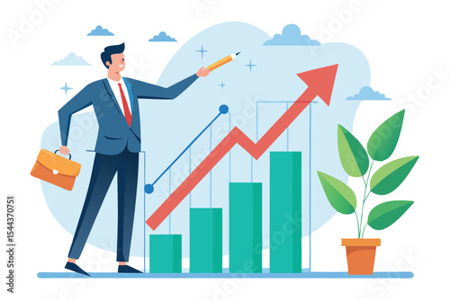 Business professional points at rising graph in office setting during daytime
