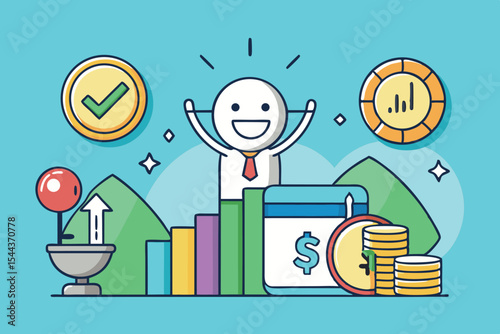Success in financial growth shown through charts and icons in a bright illustration