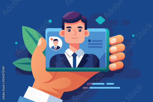 Hand holding a digital identification card with a smiling person on display in a professional setting