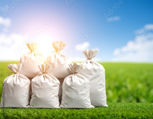Three crumpled white paper bags are scattered on vibrant green grass, their textures contrasting with the lush backdrop, hinting at a picnic or outdoor event. photo