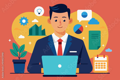Professional man working on laptop in modern office with charts and data visualizations