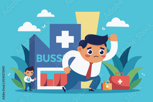 Businessman in a hurry near a medical building with children playing