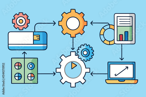 Flowchart illustrating digital workflow with gears and data analysis