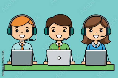 Cartoon team engaged in remote work at a call center in a bright environment