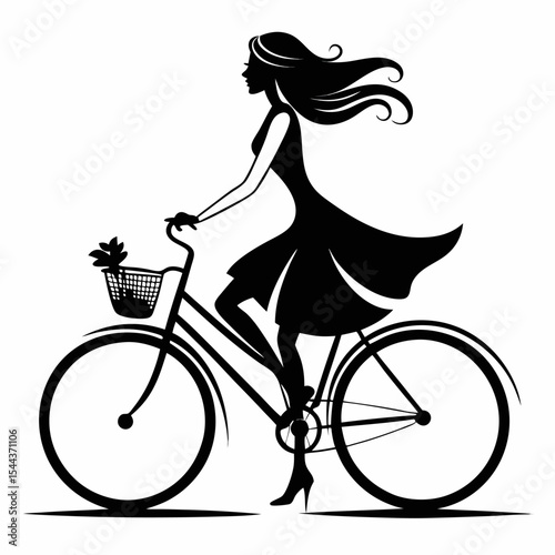 Elegant silhouette vector of a woman in a summer dress riding a vintage bicycle with a basket.Minimalist line art of a woman with her hair flowing, joyfully riding a city bike, isolated on a white b