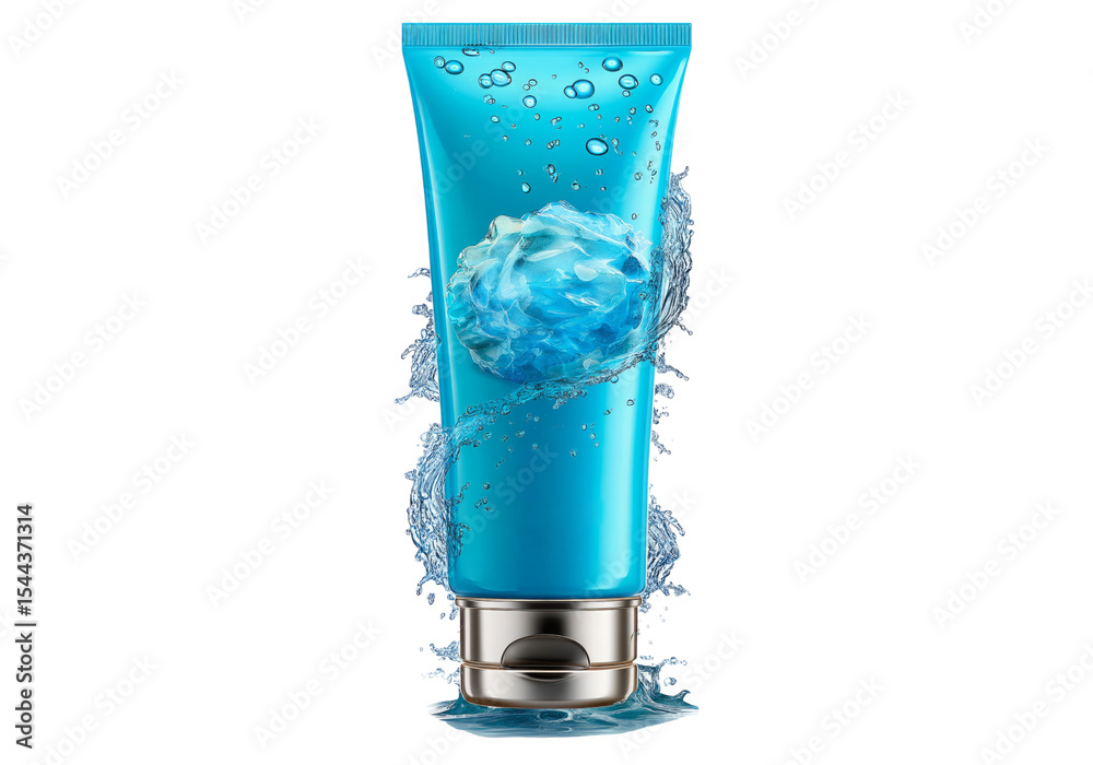 Obraz premium Refreshing blue gel cleanser tube surrounded by water splashes, On Transparent Background, Png Image