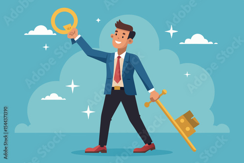 Businessman celebrating success with key and trophy in hand
