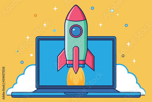 Rocket launching from a laptop screen in vibrant colors