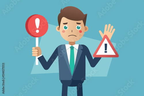 Concerned businessman holding warning signs and alerts in a simple illustration
