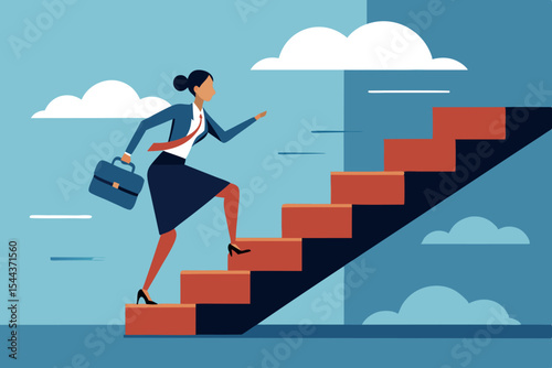 Businesswoman climbing stairs to success with determination and professionalism in a modern setting