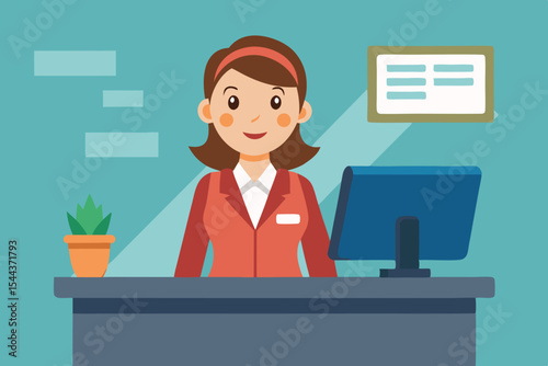 Friendly receptionist greeting visitors at a modern office desk in a bright workspace