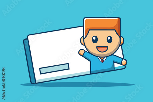 Cartoon character smiling with a blank card on a vibrant blue background in a playful setting