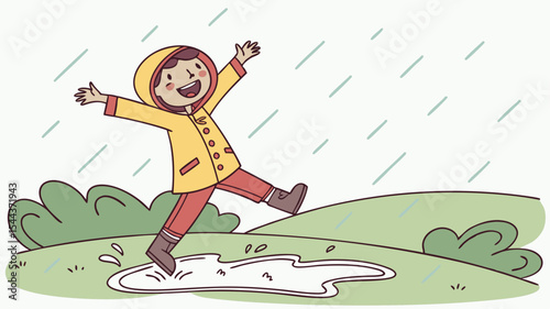 A cheerful child in a yellow raincoat joyfully jumps into a puddle on a rainy day with arms outstretched