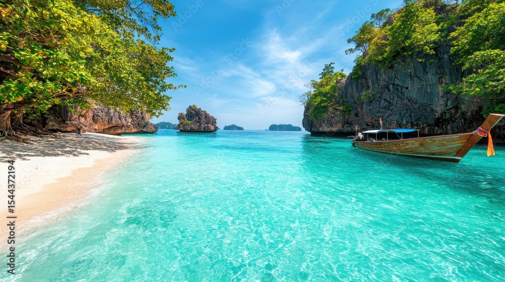 Obraz premium Breathtaking Beauty of Scenic Landscapes Concept. Serene Tropical Beach with Clear Water and Boat Surrounded by Lush Greenery and Rocky Isles in Paradise