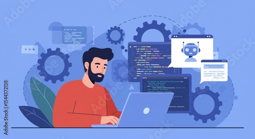 A modern vector illustration of a coding interface on a laptop, rendered in minimalist tech colors