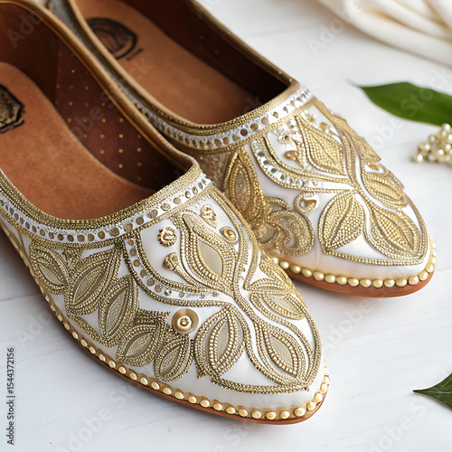 Elegant White and Gold Embroidered Khussa Shoes Traditional Indian Footwear for Weddings and Celebrations on a White Wooden Surface with Green Leaves