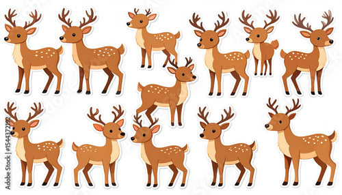 Adorable collection deer cartoon stickers in playful poses, simple fluffy style, perfect for kids, mascots, and logo clip art.