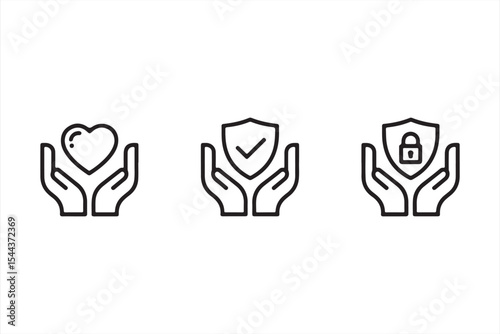 Line Icons of Hands Supporting Love, Shield, and Lock for Safety Concepts

