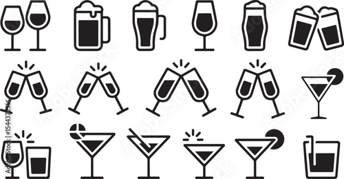Line-style celebration drinks icon pack for bar and party visuals