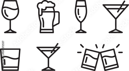 Celebration drink icons with beer mugs, wine flutes and cocktail glassware